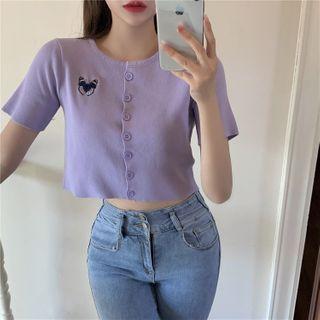 Short-sleeve Butterfly Embroidered Button-up Knit Crop Top