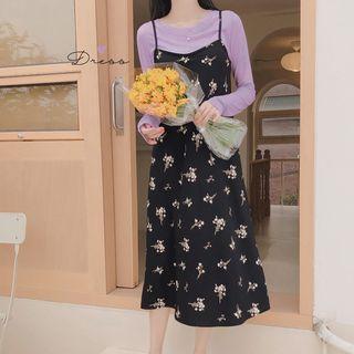 Long-sleeve T-shirt / Floral Print Spaghetti-strap Midi Dress