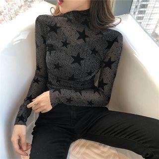 Mock Neck Long-sleeve Star T-shirt Black - One Size