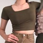 Plain Short-sleeve Square-neck Cropped T-shirt