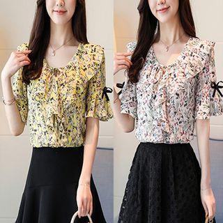 Frilled Elbow-sleeve Floral Print Chiffon Top