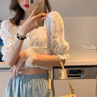 Square Collar Puff-sleeved Floral Chiffon Top