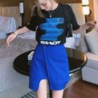 Set: Printed Elbow-sleeve T-shirt + Asymmetric Mini A-line Skirt