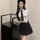 Tie / Plain Shirt / Pleated Skirt / Set