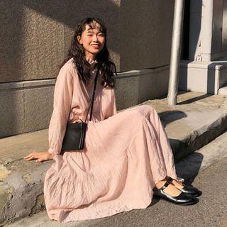 Long-sleeve Plain Midi A-line Dress Almond - One Size