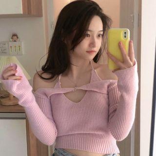Set: Knit Halter Top + Long-sleeve Shrug Set Of 2 - Top & Shrug - Pink - One Size