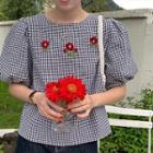 Puff-sleeve Flower Embroidered Gingham Blouse Gingham - Black & White - One Size