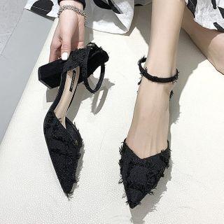 Fringed Trim Pointed Block Heel Sandals