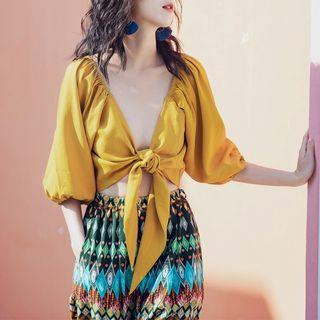 Elbow-sleeve Front Knot Top