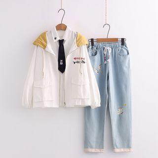 Hooded Zip-up Jacket / Tie-neck Shirt / Straight-leg Jeans / Set