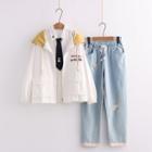 Hooded Zip-up Jacket / Tie-neck Shirt / Straight-leg Jeans / Set