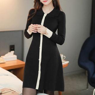 Layered-collar Piped A-line Knit Dress