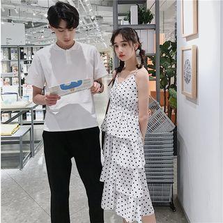 Couple Matching Spaghetti Strap Dotted Tiered Dress / Polo Shirt / Shorts