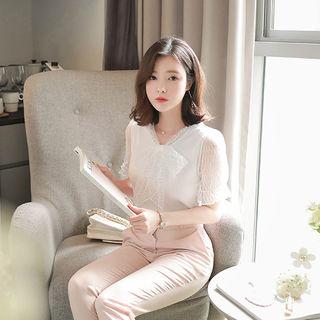 Tie-neck Lace-sleeve Blouse