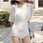 Square-neck Elbow-sleeve Lace Swimsuit