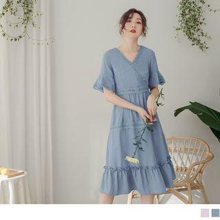 Crochet Trim Ruffle Midi Dress