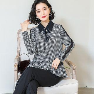 Long-sleeve Houndstooth Chiffon Blouse