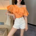 Asymmetric Shoulder Short-sleeve Ruffle Top