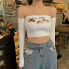 Embroidered Off-shoulder Long-sleeve Crop Top White - One Size