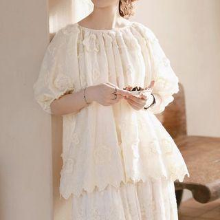 Embroidered Oversized Blouse Beige - One Size