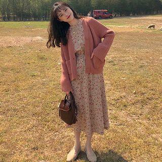 Plain Cardigan / Floral Midi Dress