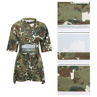 Set: Short-sleeve Camouflage Print Tie-waist T-shirt + Shorts