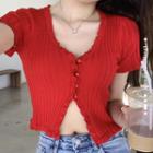 Frilled V-neck Short-sleeve Slim-fit Knit Top