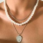 Set Of 3: Layered Faux Pearl Chain Necklace Set Of 3 - 2692 - Silver - One Size