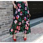 Button-front Floral Long Flare Skirt