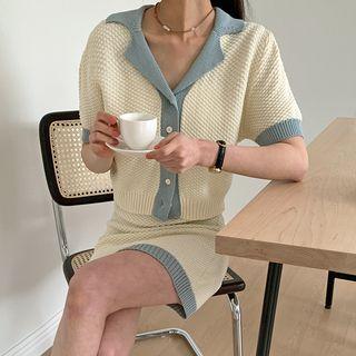 Two-tone Waffle-knit Cardigan & Miniskirt Set
