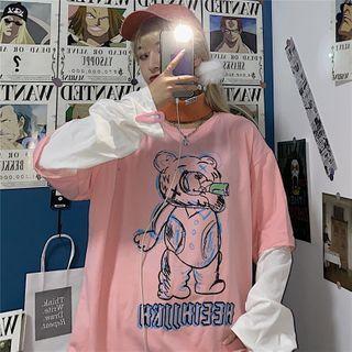 Long-sleeve Panel Cartoon Bear T-shirt