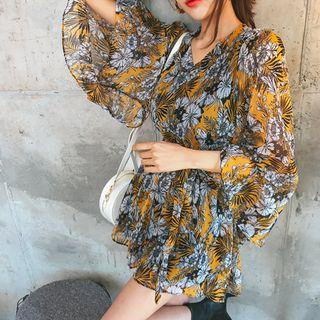 Bell-sleeve Floral Chiffon Playsuit With Sash