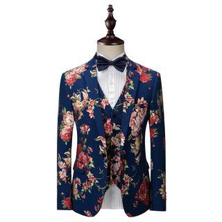 Set: Flower Print Single Button Blazer + Single-breasted Vest + Dress Pants
