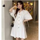 Collared Short-sleeve A-line Dress White - One Size
