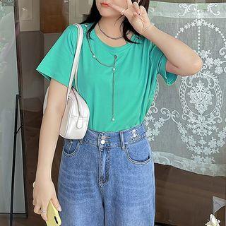Short-sleeve Faux Pearl Chained T-shirt