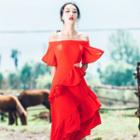 Elbow-sleeve Off Shoulder Cutout Beach Dress