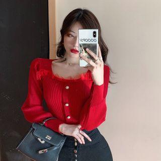 Mesh Trim Long-sleeve Knit Top