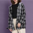 Hooded Plaid Shirt Jacket Black - One Size