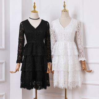 V-neck Lace A-line Layered Dress