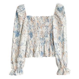 Long-sleeve Square-neck Print Ruffle Trim Top Floral - One Size