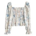 Long-sleeve Square-neck Print Ruffle Trim Top Floral - One Size
