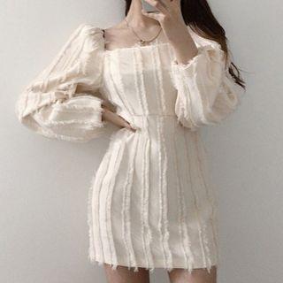 Square-neck Balloon-sleeve Fringed Mini Dress