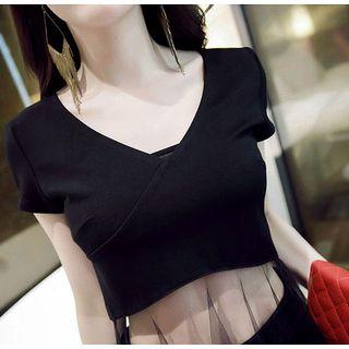 Set: Short-sleeve Sheer Panel Top + Pencil Skirt