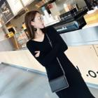 Long-sleeve V-neck Midi Knit Dress Black - One Size