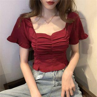 Square Collar Shirred Front Cropped Top