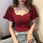 Square Collar Shirred Front Cropped Top
