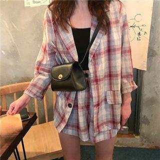 Set: Plaid Blazer + Shorts Set - Plaid - Red - One Size