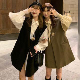 Single Breasted Vest / Tie Neck Plain Shirt Dress