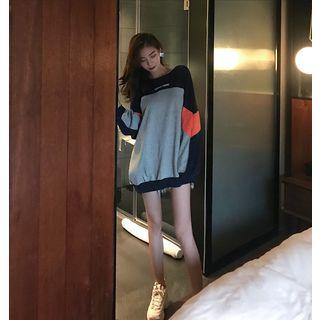 Long-sleeve Color Block T-shirt Gray - One Size