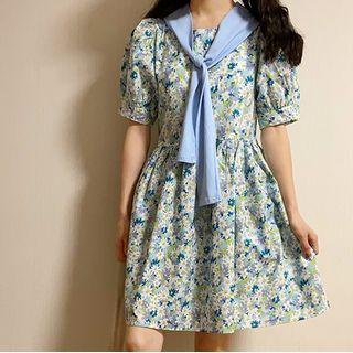 Set: Floral Print Short-sleeve Mini A-line Dress + Shawl